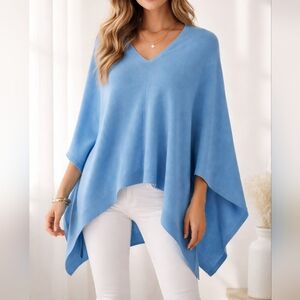 Women’s Soft Blue V-Neck Lightweight Poncho Sweater - Easy Care Wear